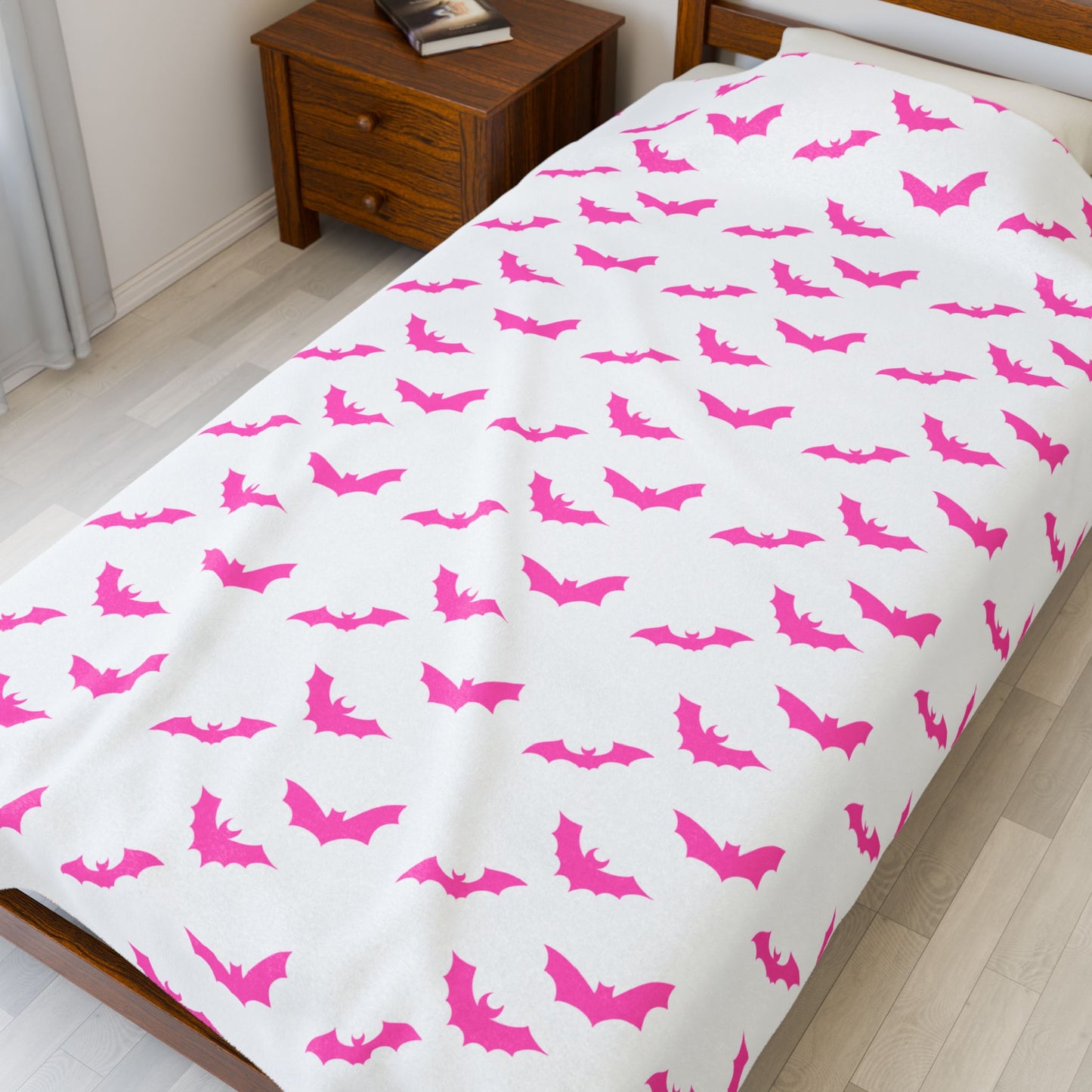 Pink Bat Blanket, White Plush Throw Blanket, Cute Halloween Blanket, Cozy Soft Bat Decor Gift