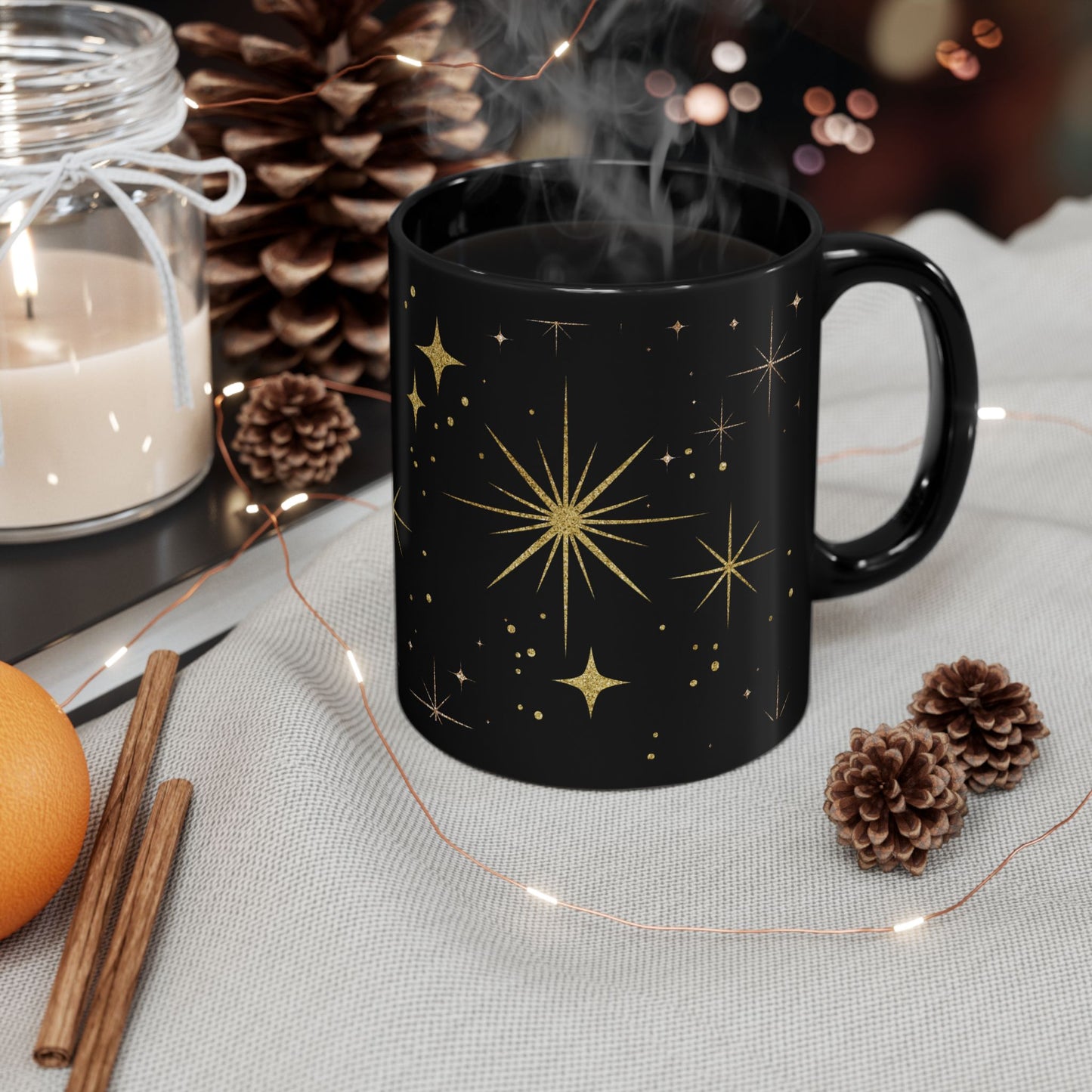Celestial Black Coffee Mug, Starry Night Sky Print, Cosmic Black Mug for Tea & Coffee Lovers, Gift for Stargazers and Dreamers
