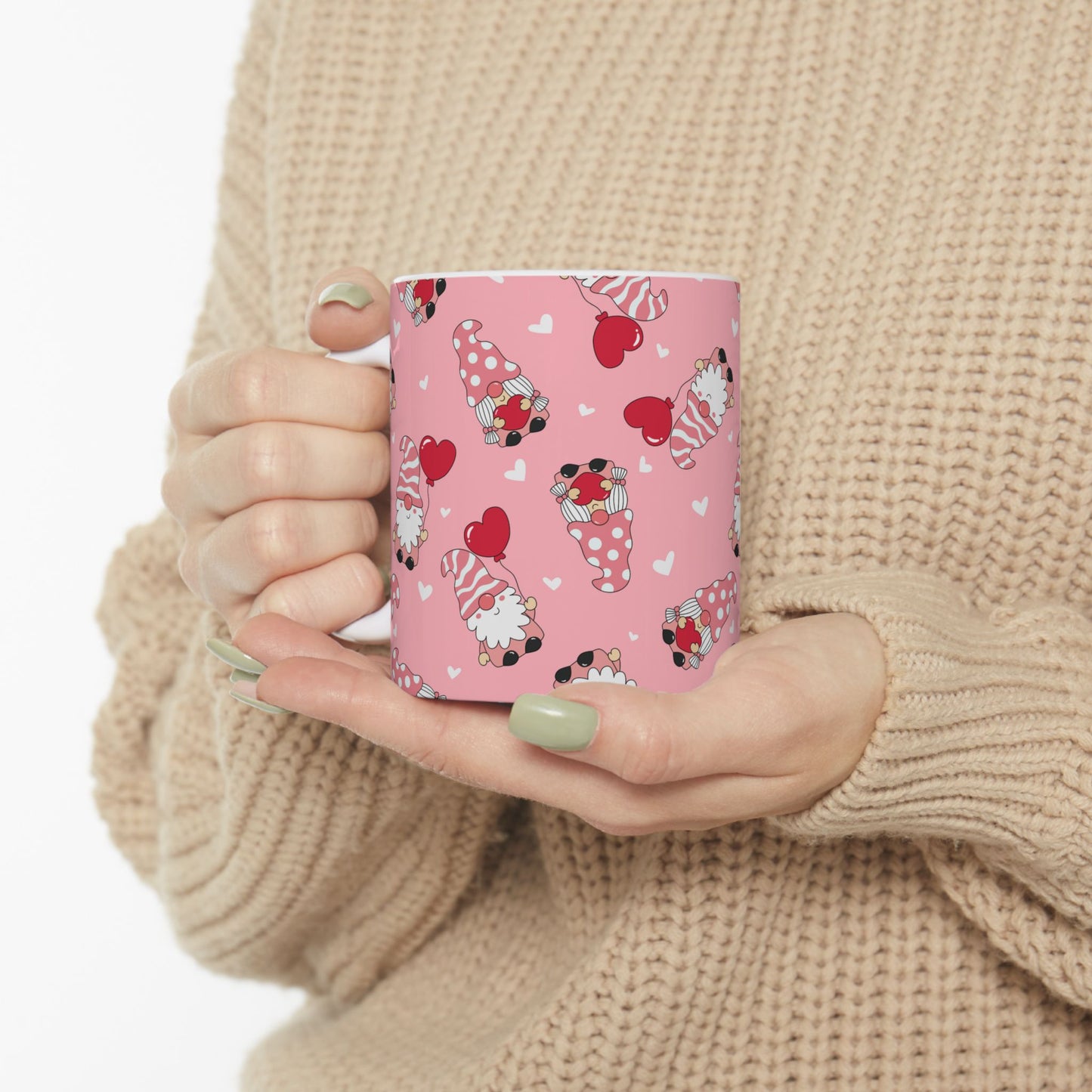Valentine Gnome Mug, Pink Heart Mug for Her, Cute Gnome Coffee Cup, Romantic Gift for Girlfriend, Whimsical Valentine's Day Mug