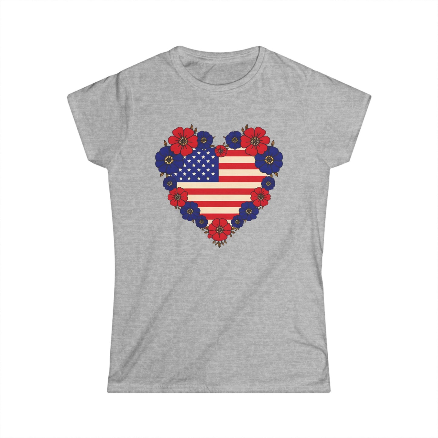 Patriotic Floral Heart Tee | Women's Softstyle USA Flag T-Shirt for Independence Day, Memorial Day, Summer Barbecues