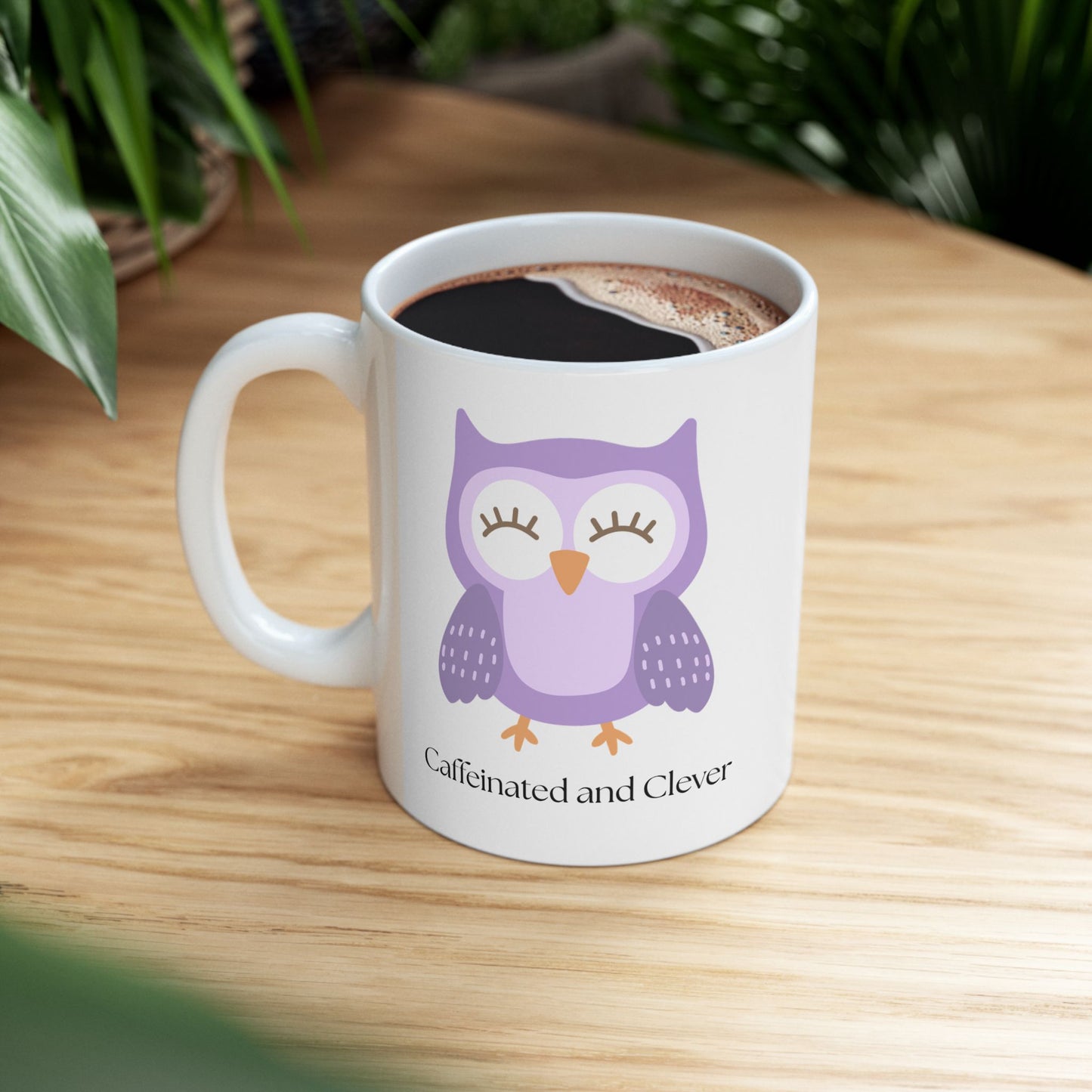 Caffeinated and Clever Mug, Cute Purple Owl Coffee Cup, Ceramic Mug for Book Lovers & Owl Fans