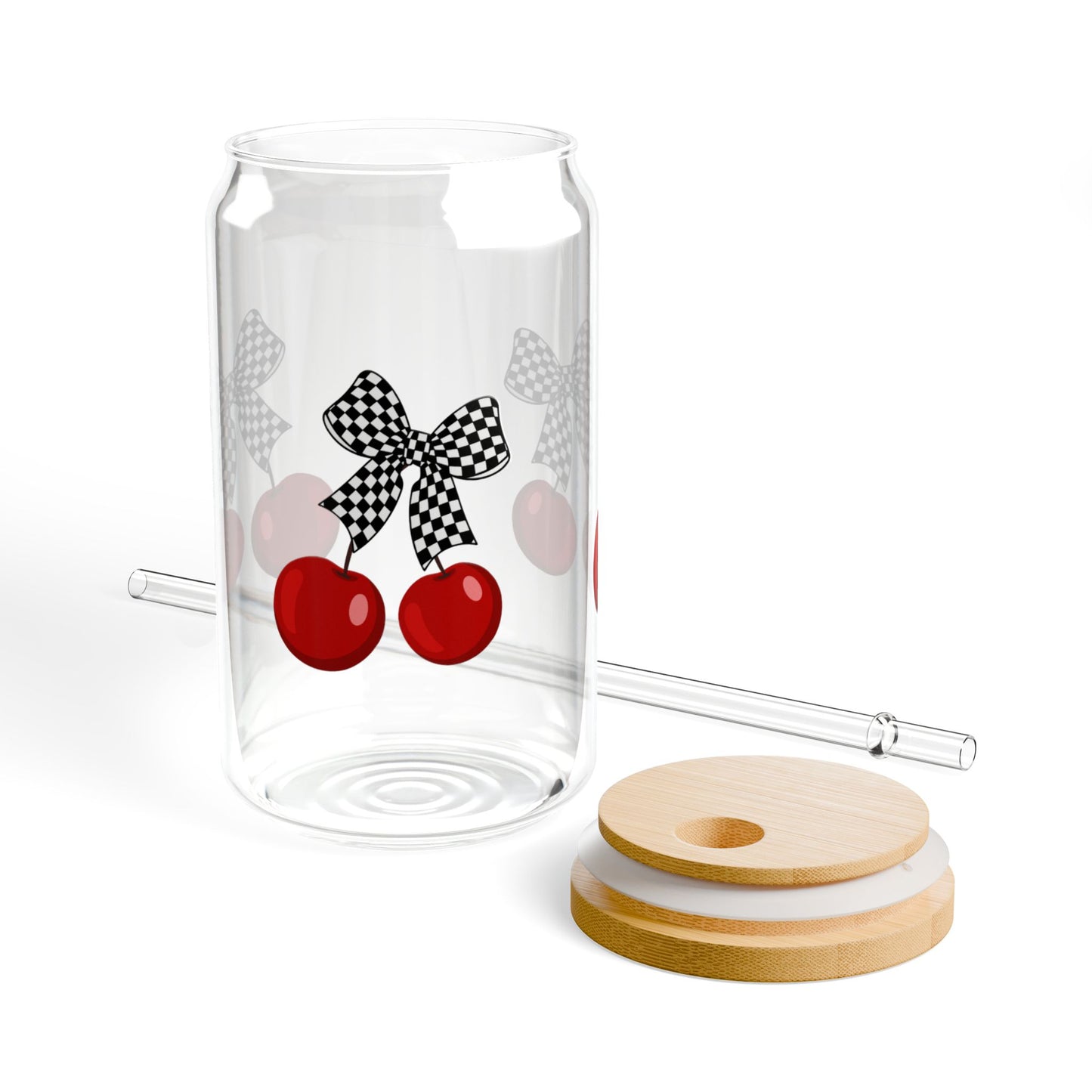 Gingham Cherry Sipper Glass | 16oz Drinking Jar with Straw, Cute Checkered Kitchen Decor, Summer Party Drinkware