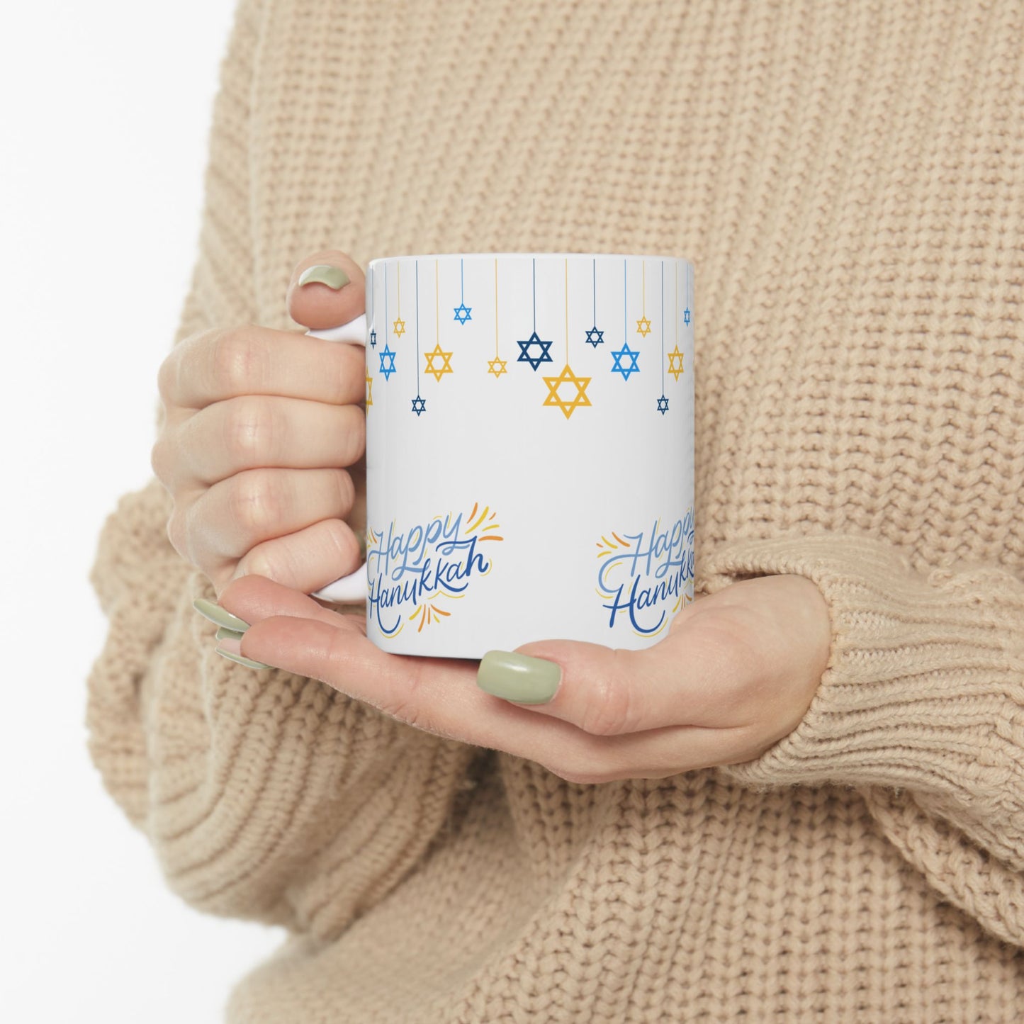 Happy Hanukkah Ceramic Mug – Blue & Gold Star of David Design, 11oz or 15oz Gift Mug 11oz or 15oz