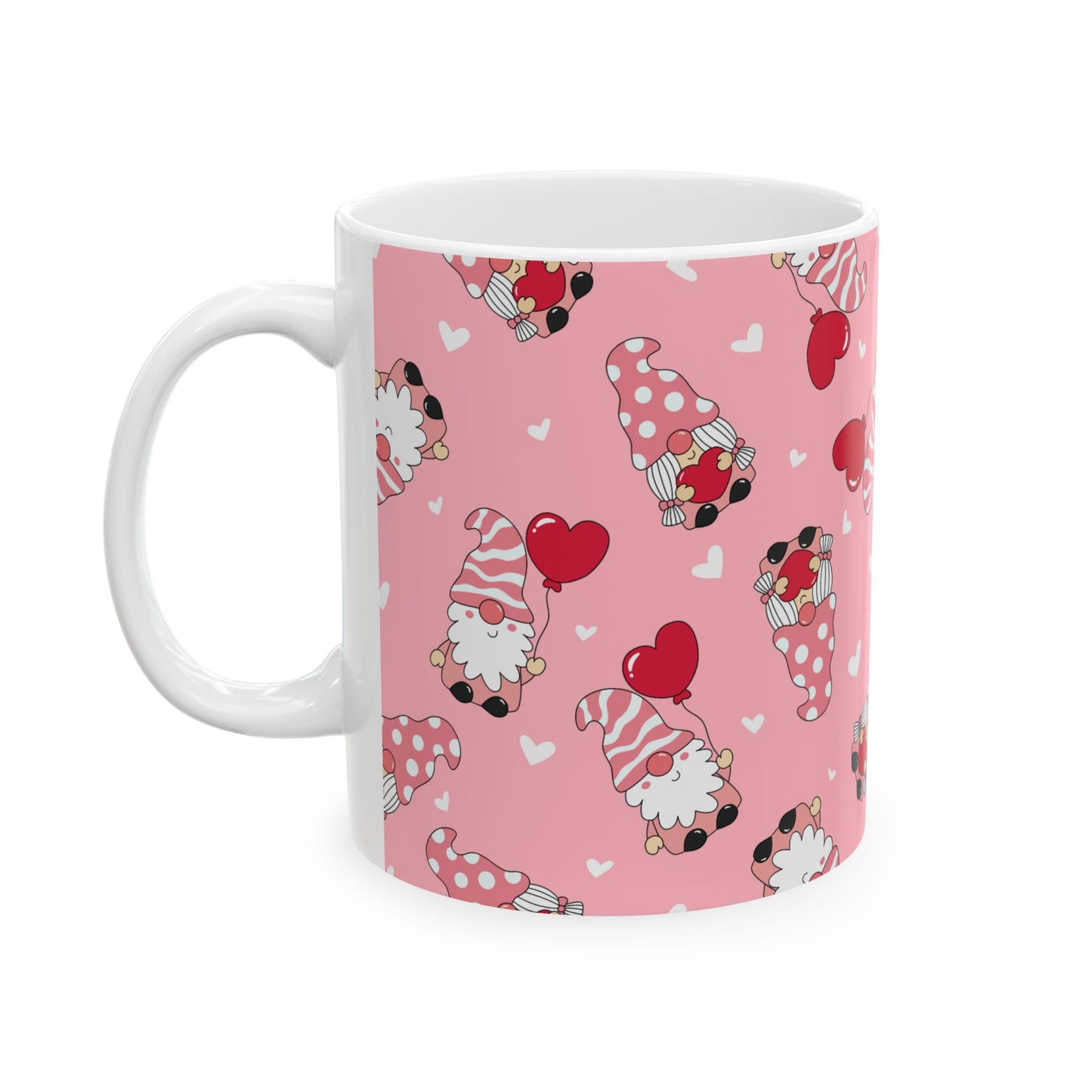 Valentine Gnome Mug, Pink Heart Mug for Her, Cute Gnome Coffee Cup, Romantic Gift for Girlfriend, Whimsical Valentine's Day Mug