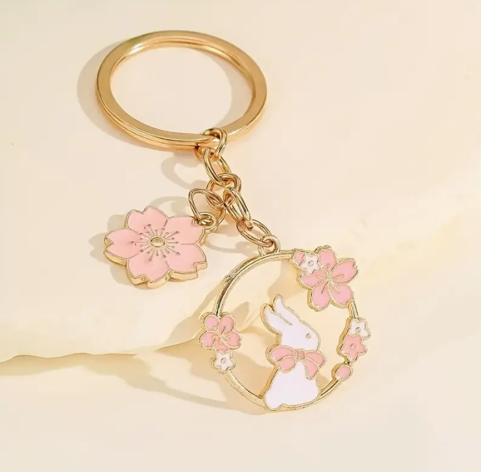 Gold-tone Bunny Keychain with Floral Charm