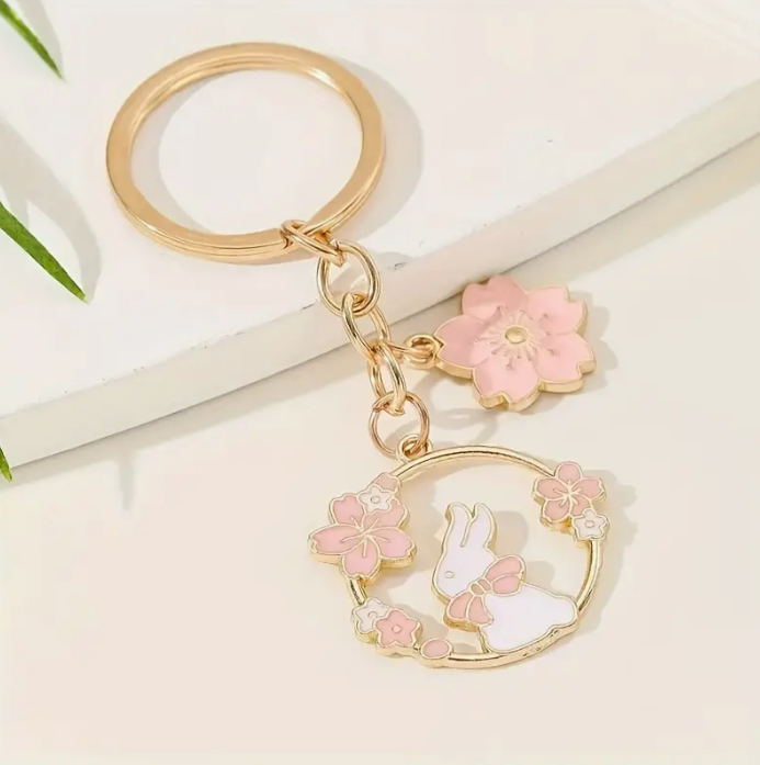 Gold-tone Bunny Keychain with Floral Charm