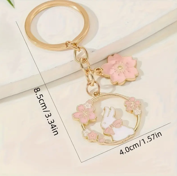 Gold-tone Bunny Keychain with Floral Charm