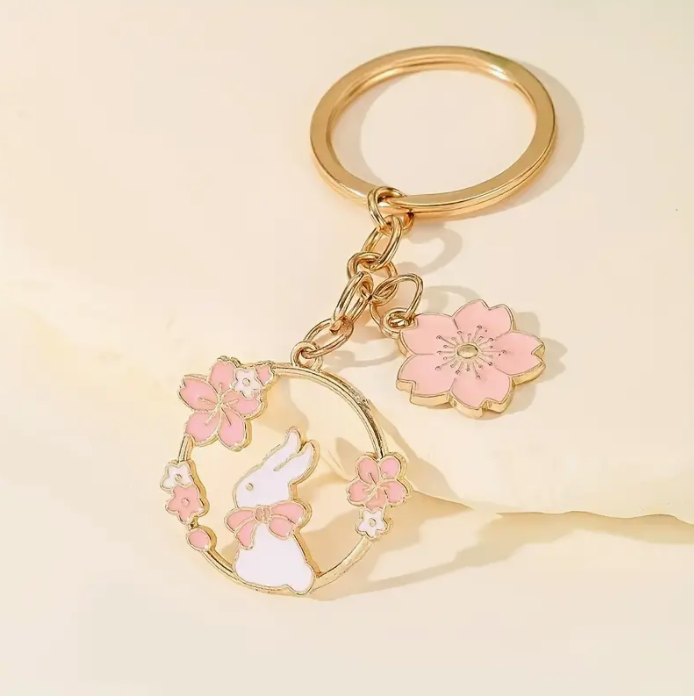 Gold-tone Bunny Keychain with Floral Charm