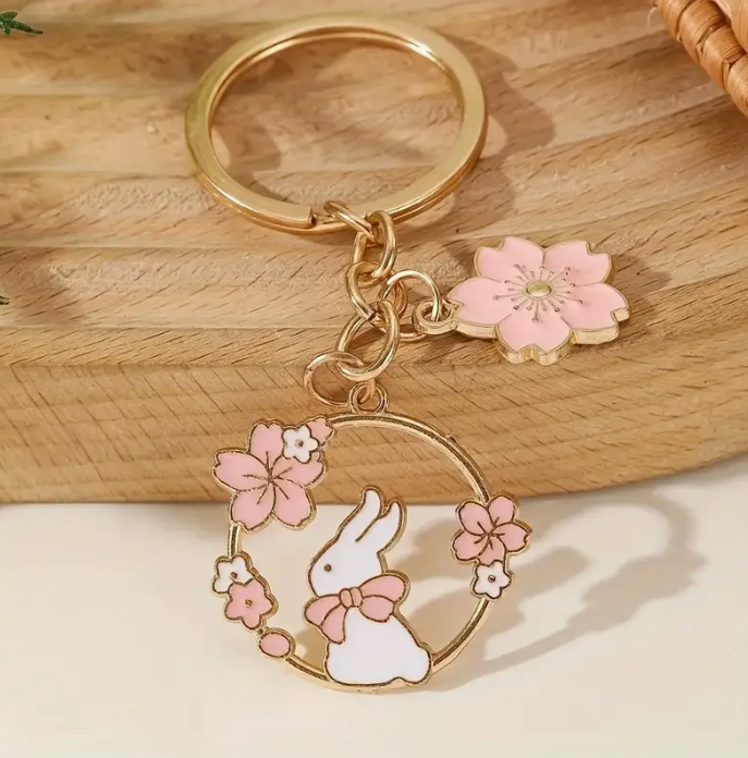 Gold-tone Bunny Keychain with Floral Charm