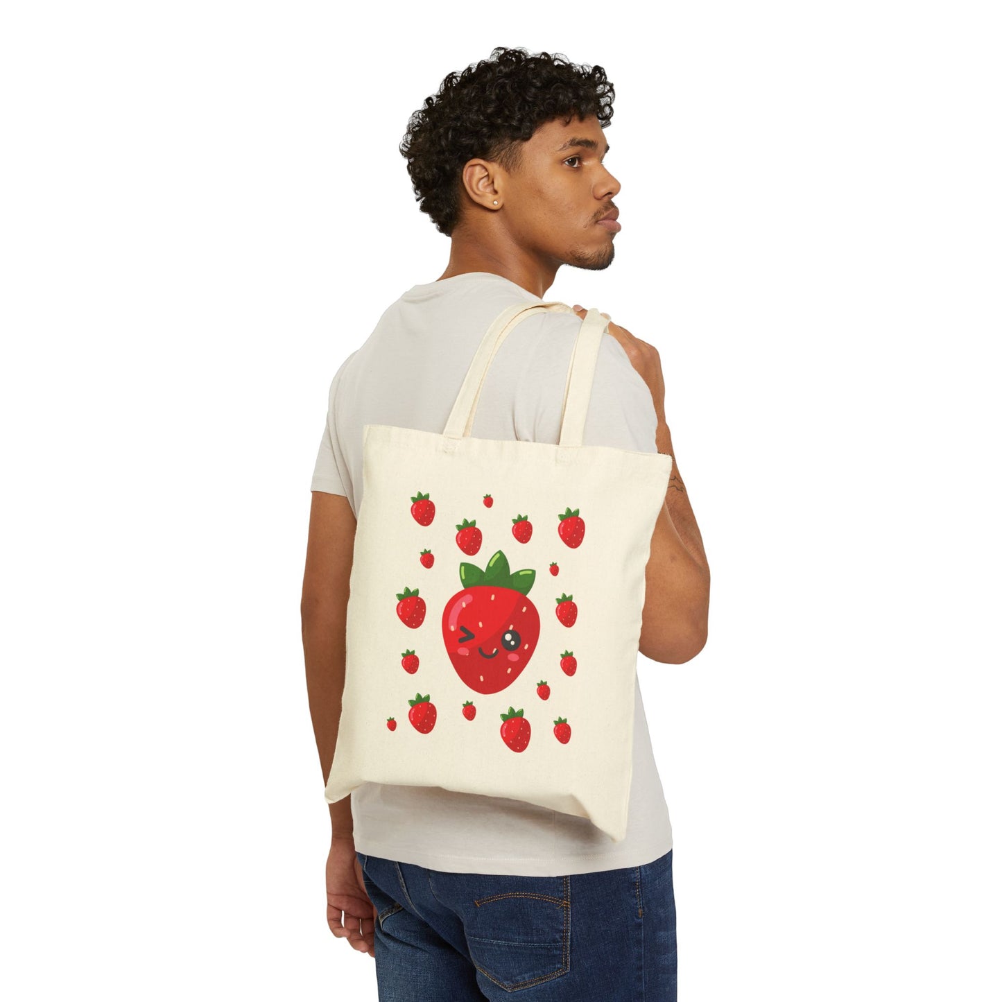 Kawaii Strawberry Canvas Tote Bag, Eco-Friendly Shopping Bag, Cute Tote for Groceries, Beach, or School, Gift for Fruit Lovers