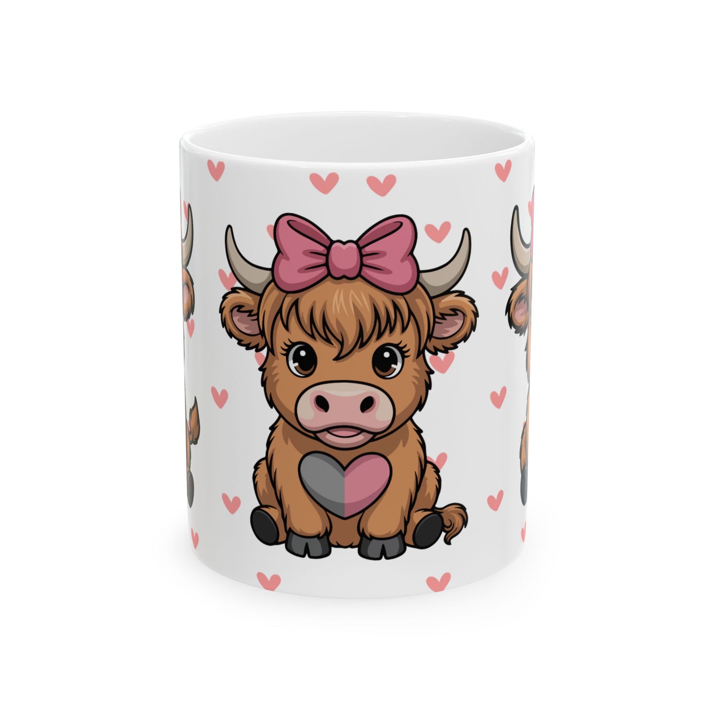 Cute Highland Cow Ceramic Mug – Adorable 11oz Coffee Cup with Hearts & Bow Design