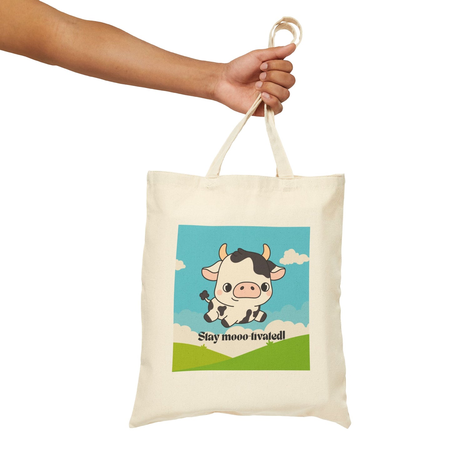 Cute Cow Tote Bag - Stay Moo-tivated, Canvas Shopping Bag, Farm Animal Lover Gift, Eco-Friendly Grocery Bag, Fun Beach Tote, Unique Gift
