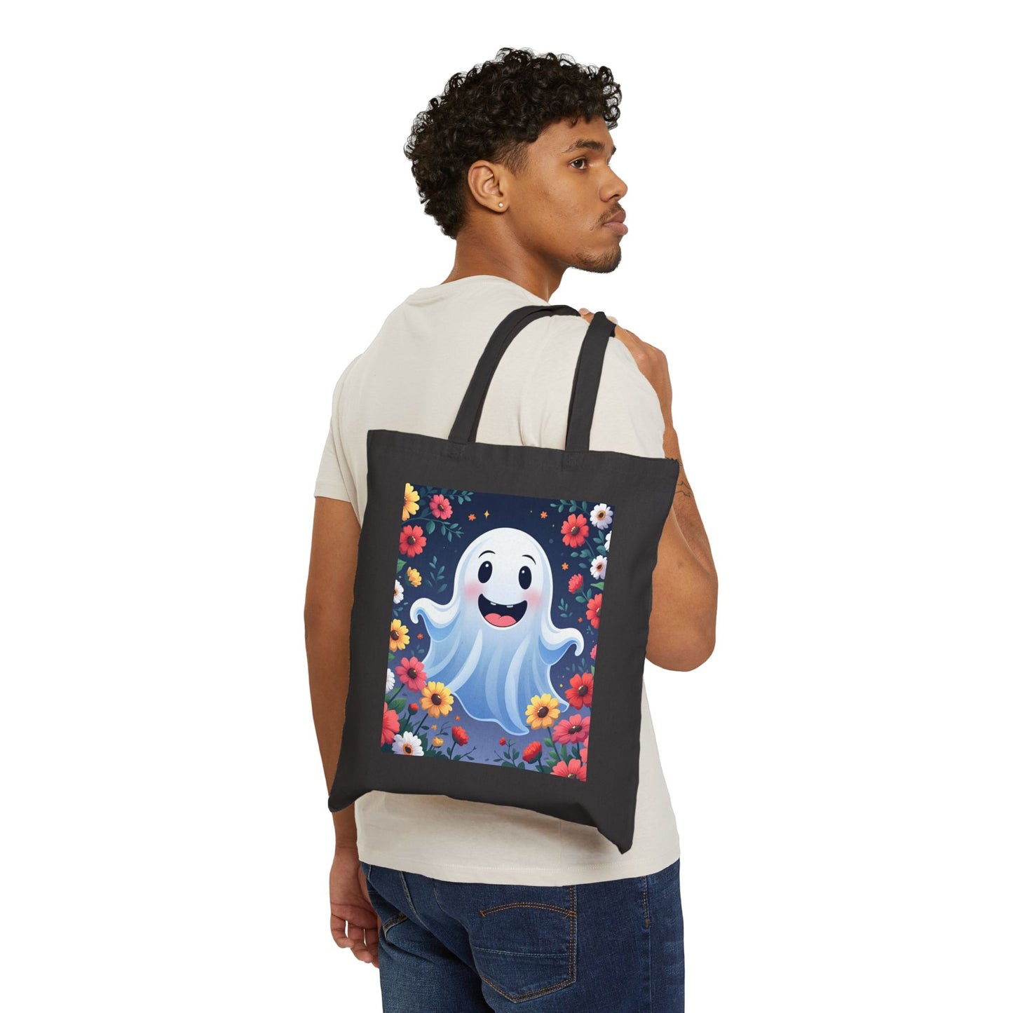 Floral Ghost Cotton Canvas Tote Bag, Eco-Friendly Shopping Tote, Halloween Gift, Beach Bag, Reusable Grocery Bag