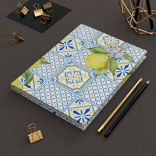 Vintage Lemon Hardcover Journal, 150 Lined Pages, Yellow and Blue Citrus Notebook, Aesthetic Gift for Writers, Planner, Goal Setting