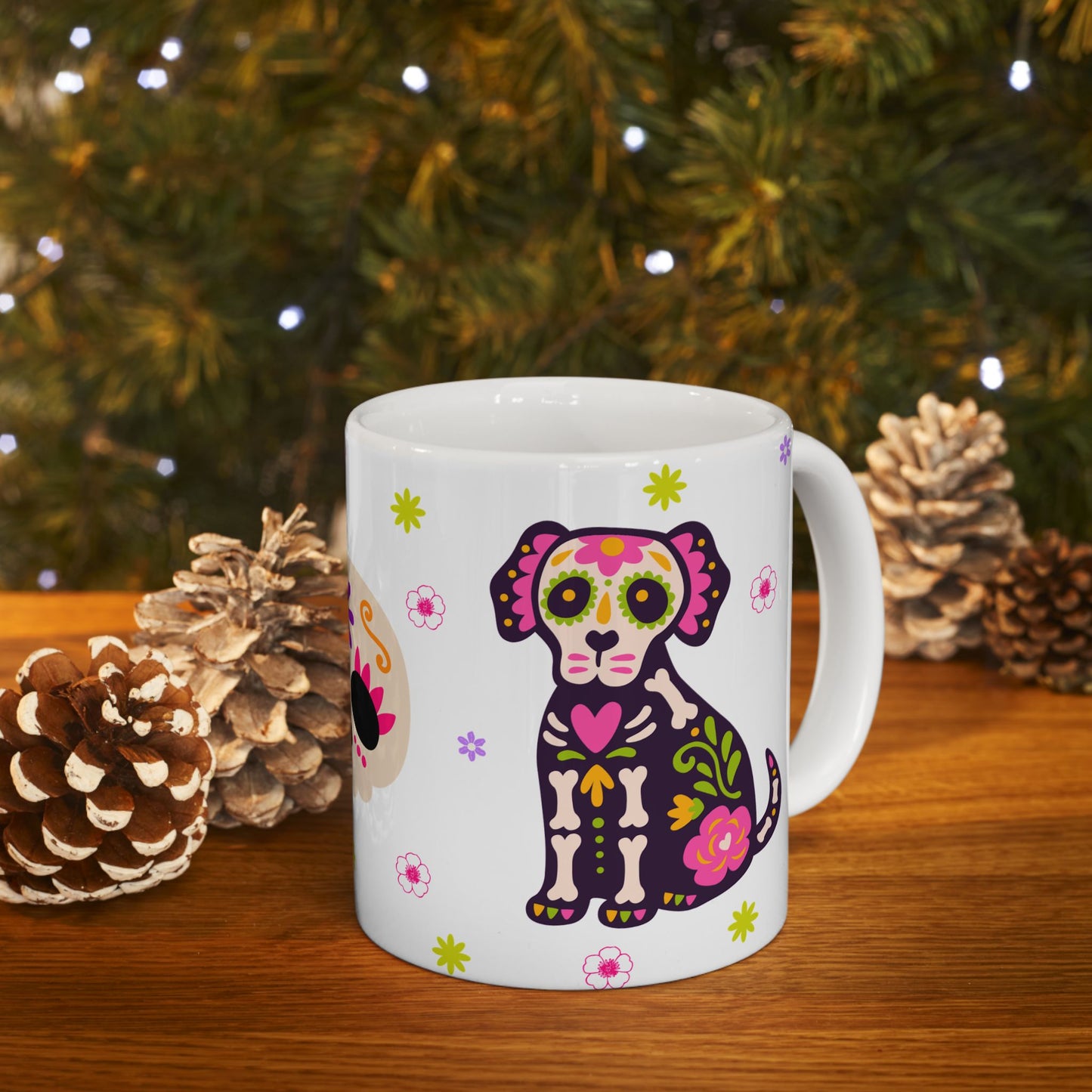 Colorful Day of the Dead Ceramic Mug, Halloween Gift, Sugar Skull Cup, Dog Lover's Mug, Festive Coffee Tea Cup