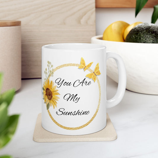 You Are My Sunshine Mug, Sunflower and Butterfly Ceramic Coffee Cup, Inspirational Gift for Mom or Friend, Mother's Day Mug