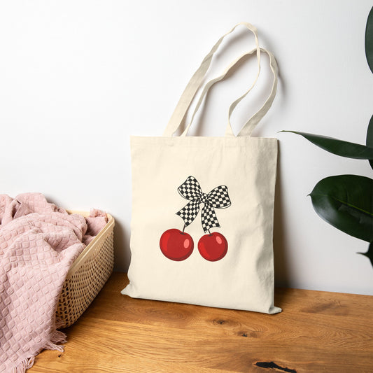 Cherry Print Canvas Tote Bag, Eco-Friendly Grocery Tote, Cute Gift for Mom, Chic Shopping Bag, Summer Accessory