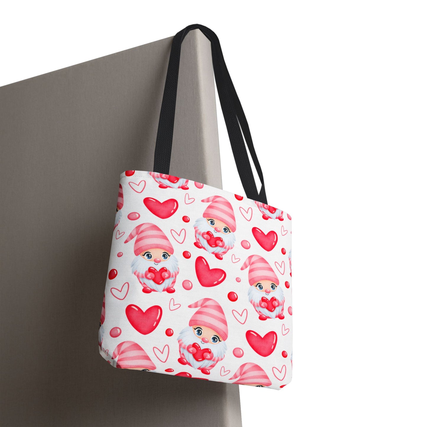 Cute Pink Gnome Tote Bag, Reusable Heart Grocery Bag, Love Themed Purse, AOP Shopping Tote, Valentine's Gift Idea
