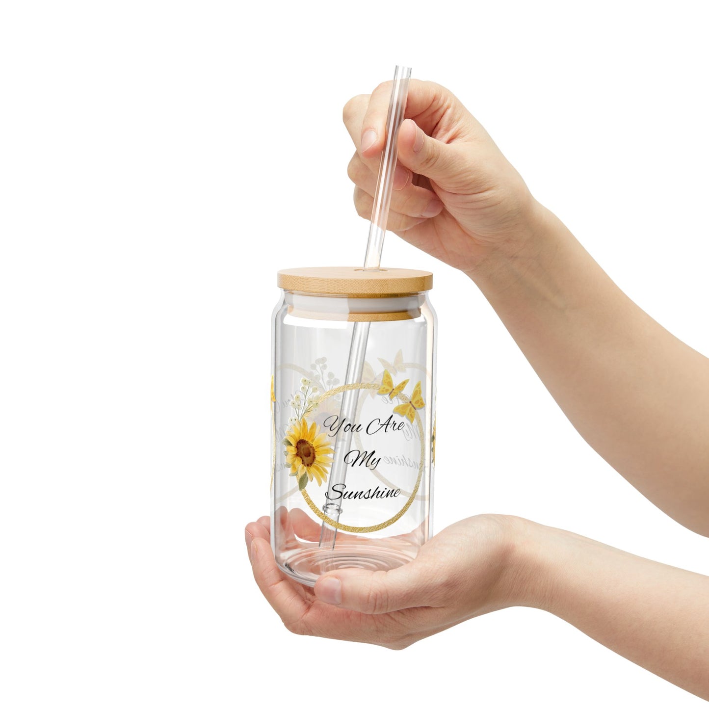 You Are My Sunshine Glass, 16oz Sunflower and Butterfly Sipper Cup with Bamboo Lid & Straw, Gift for Her, Summer Iced Coffee Glass