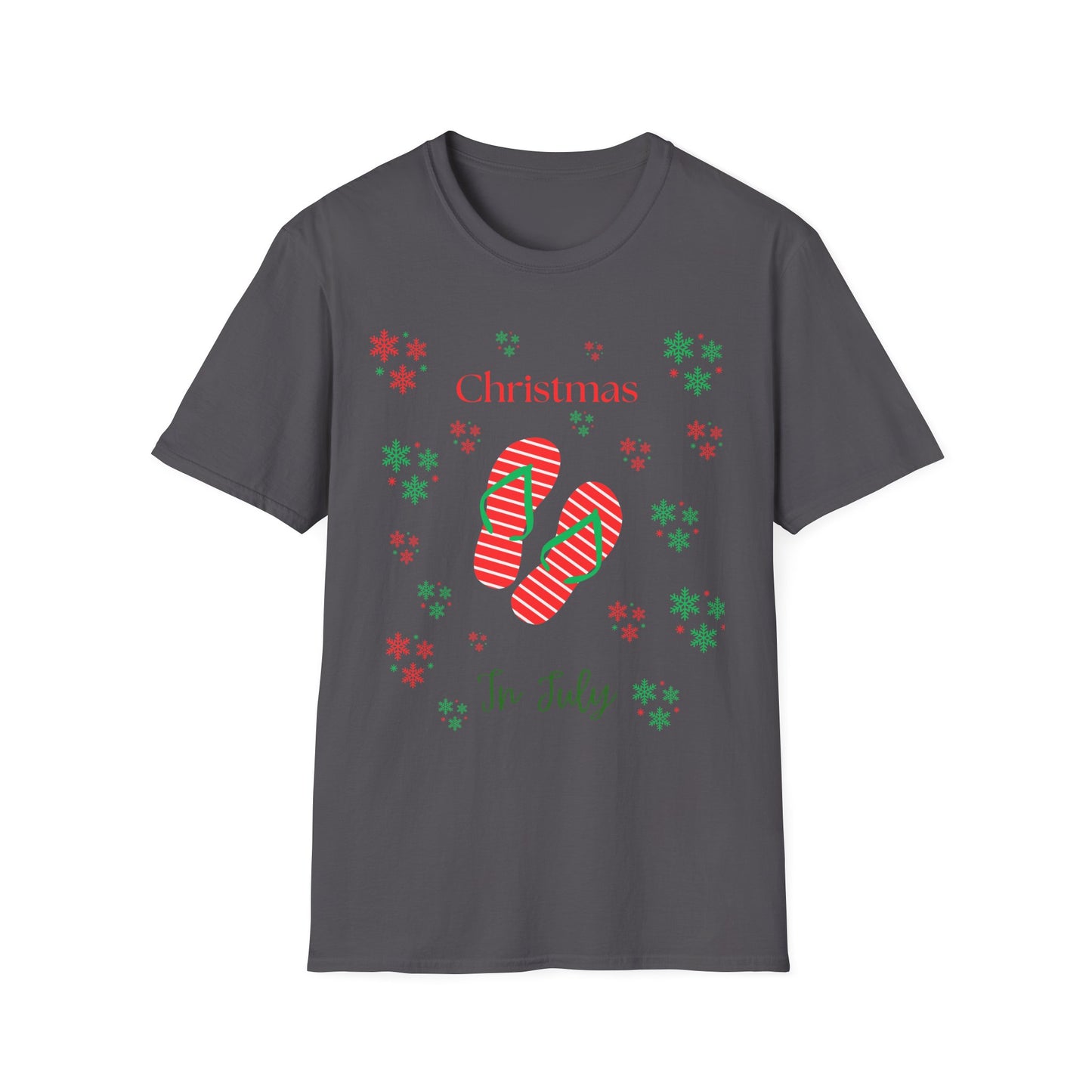 Christmas In July Softstyle T-Shirt, Holiday Apparel, Gift Idea, Summer Vibes, Casual Wear, Holiday Flip Flops