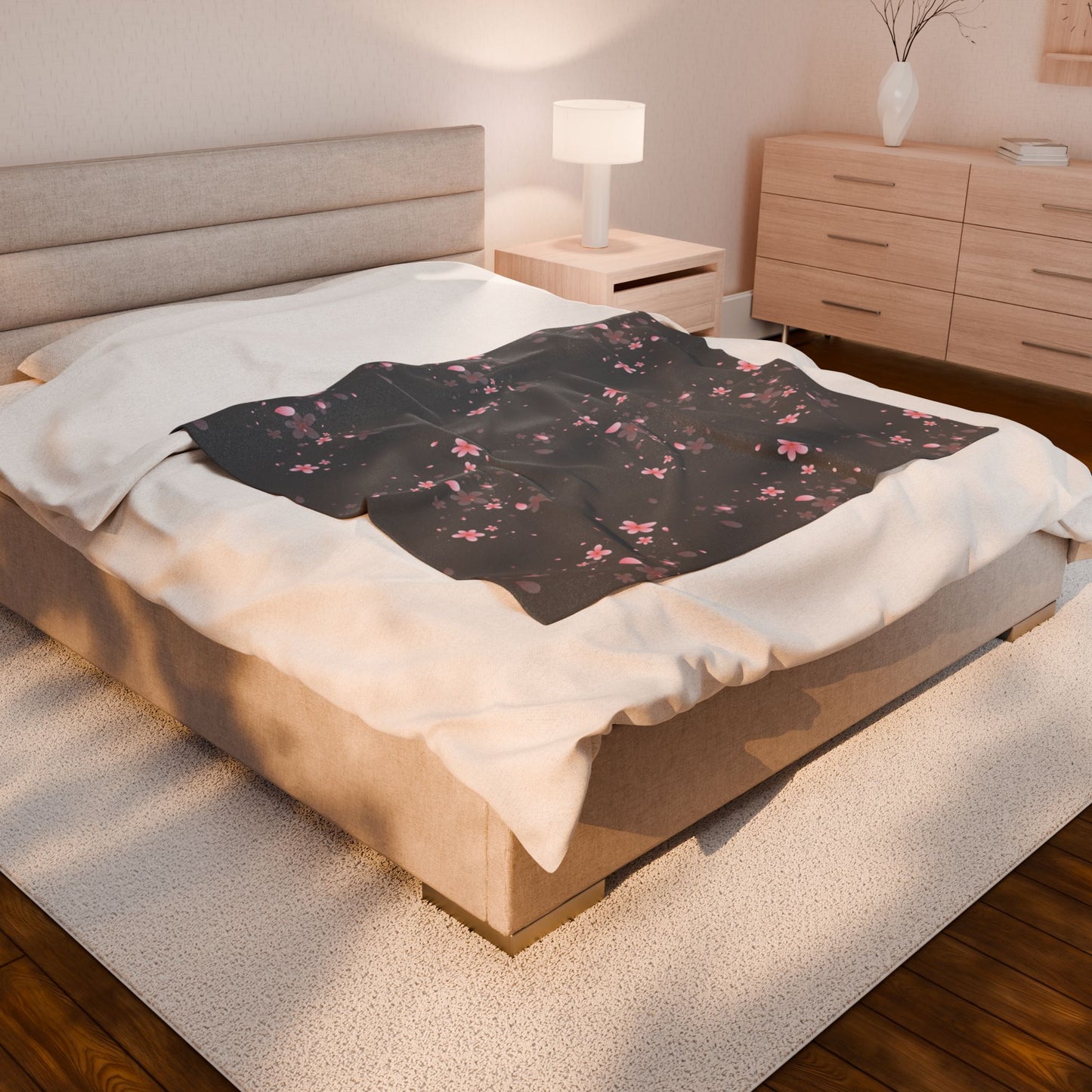 Charcoal Cherry Blossom Floral Plush Blanket - Cozy Blanket for Home Decor