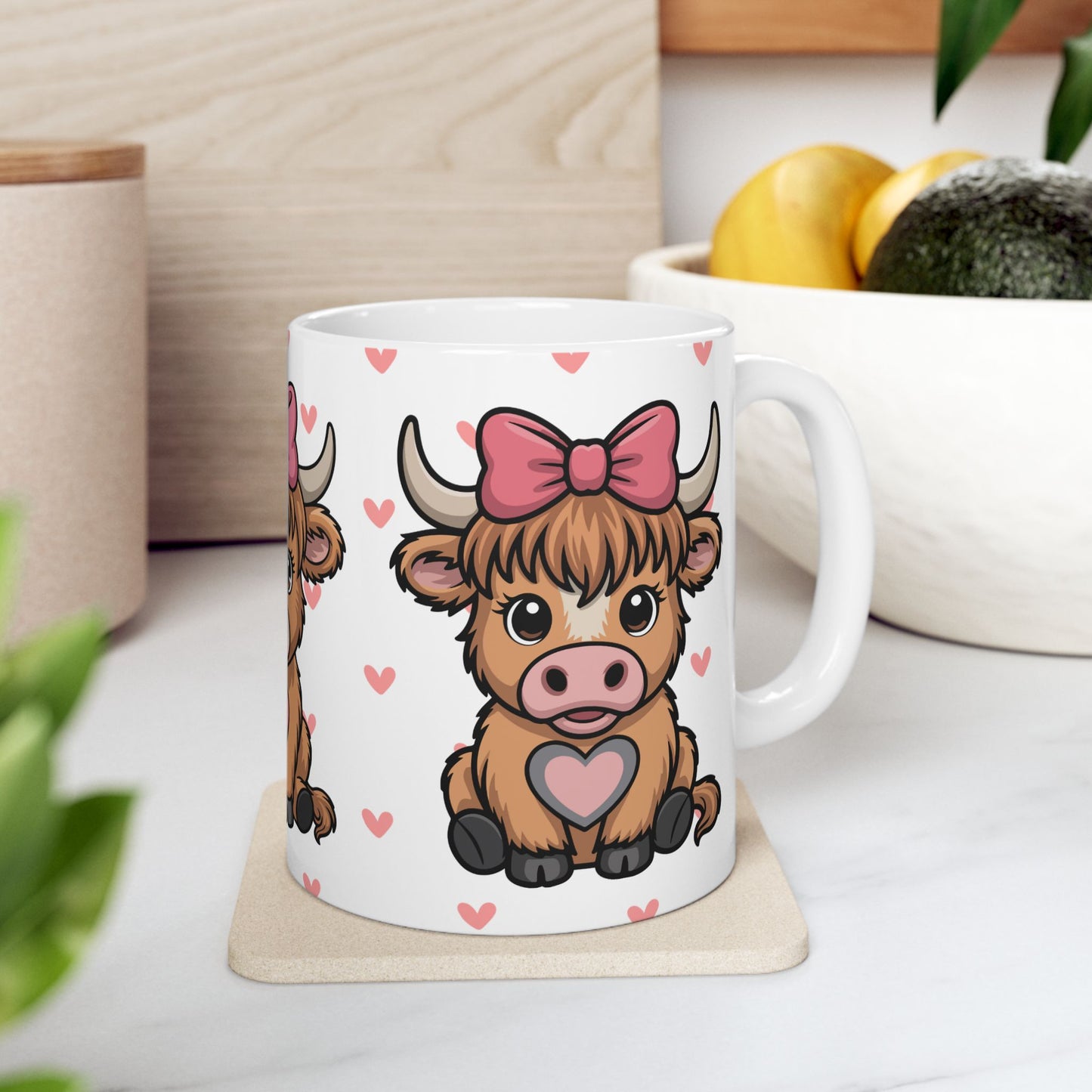 Cute Highland Cow Ceramic Mug – Adorable 11oz Coffee Cup with Hearts & Bow Design
