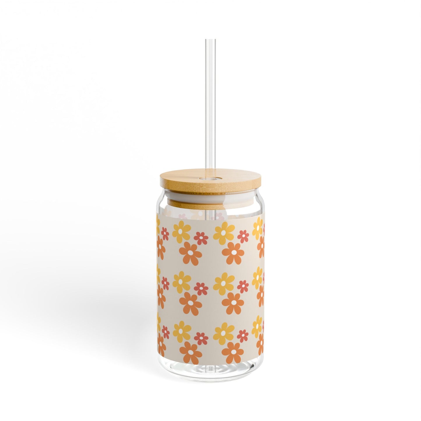 Boho Floral Sipper Glass, 16oz | Retro Drinkware, Summer Hydration, Party Favors, Kitchen Decor, Gift Idea