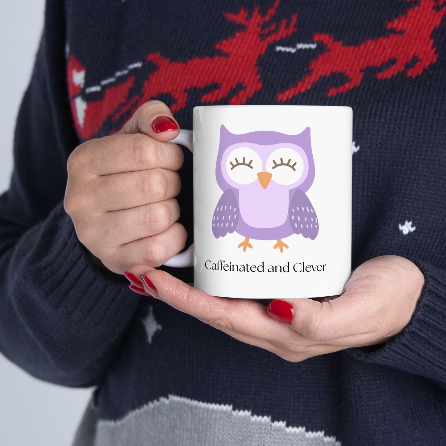 Caffeinated and Clever Mug, Cute Purple Owl Coffee Cup, Ceramic Mug for Book Lovers & Owl Fans