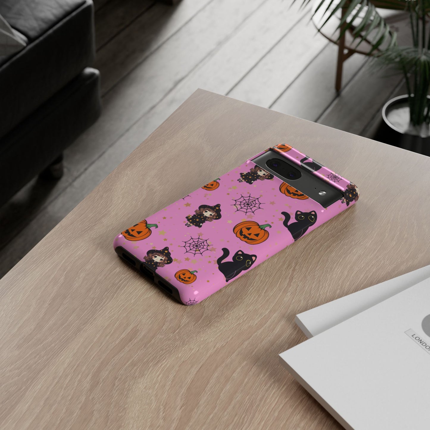 Pink Halloween Phone Case, Cute Witch and Cat Design, Spooky Fall Decor, Perfect Halloween Gift, Cute Cell Phone Case, Fun Pumpkin Design