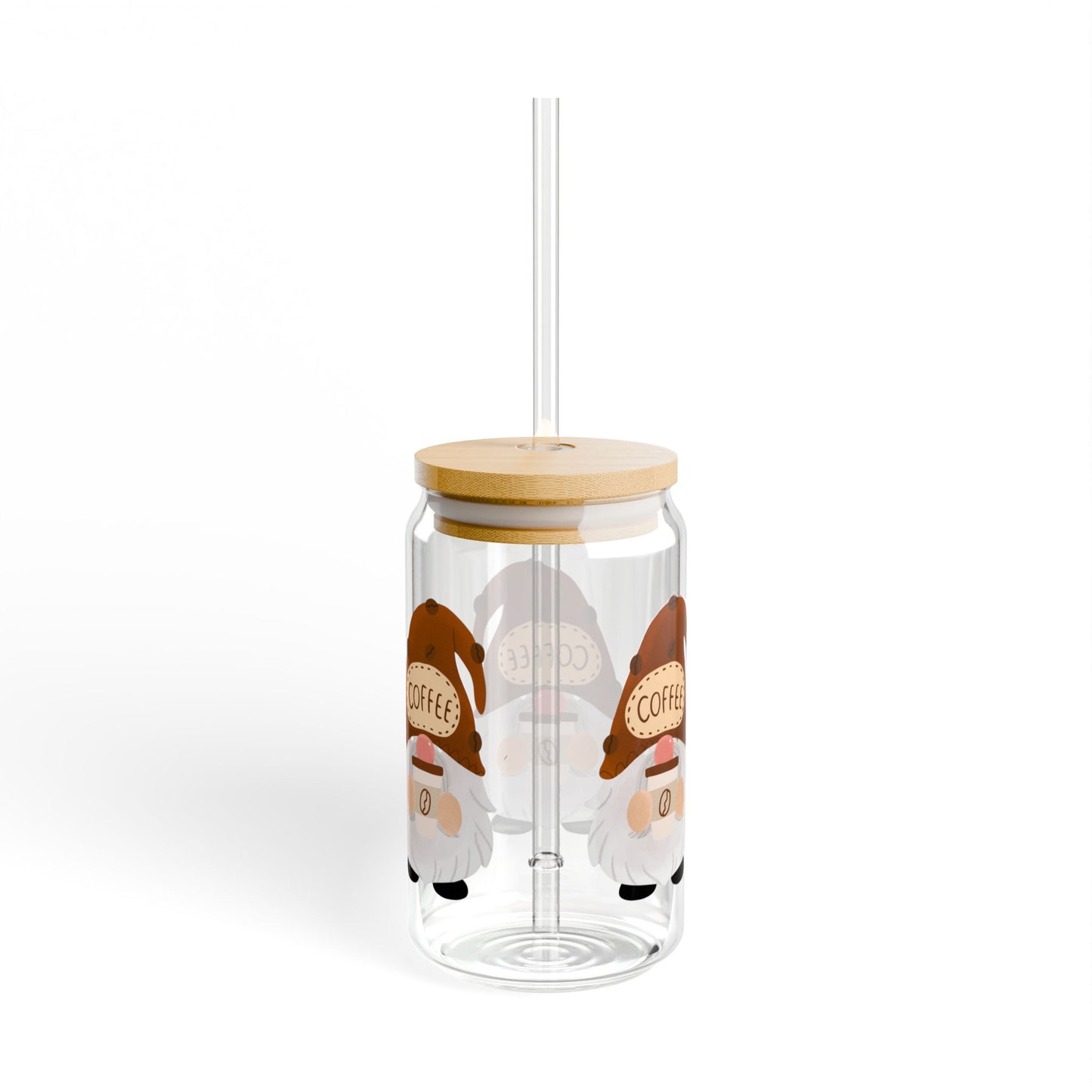 Gnome Coffee Sipper Glass, 16oz, Cute Drinkware, Coffee Lover Gift, Fun Kitchen Decor,  Eco-friendly Beverage Container