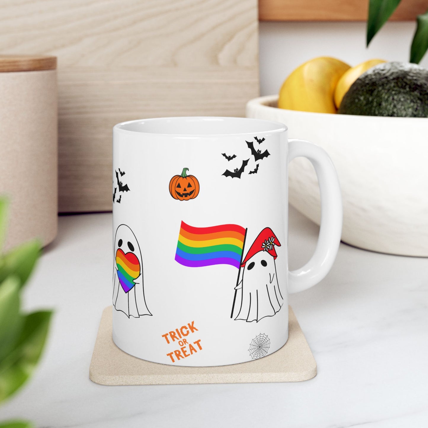 Pride Halloween Ghost Ceramic Mug, LGBTQ Coffee Mug, Rainbow Pride Tea Mug, 11oz, 15oz