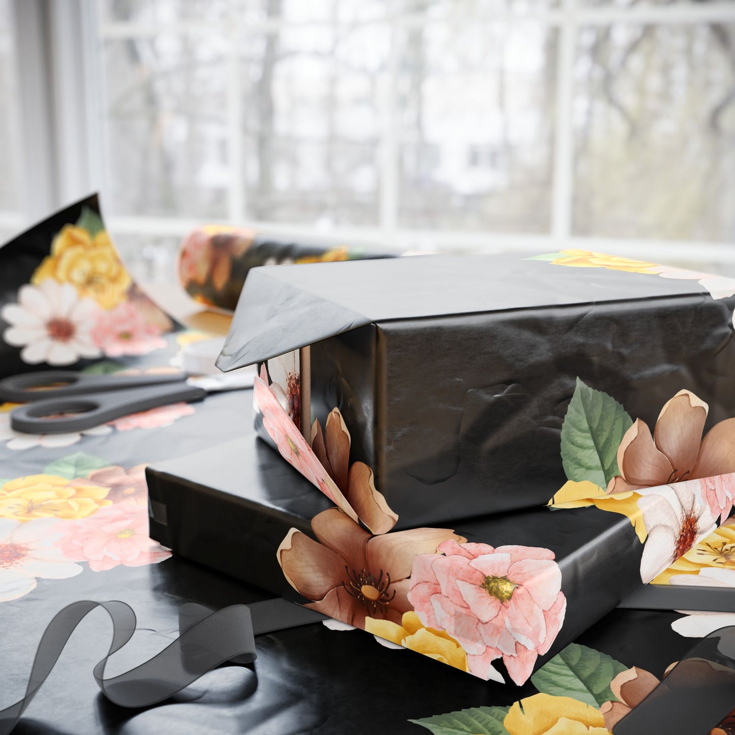 Elegant Black Floral Wrapping Paper – Vintage Flower Gift Wrap