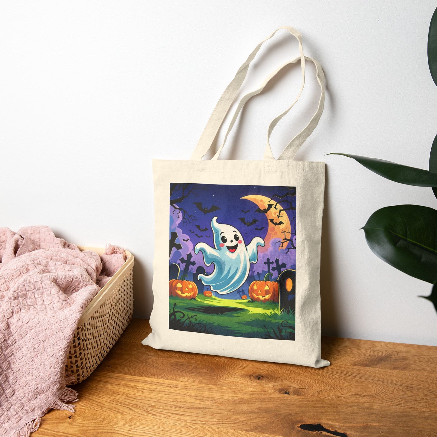 Cotton Canvas Tote Bag - Cute Cartoon Ghost Halloween Bag, Trick or Treat Bag, Halloween Party Bag, Halloween Gift, Halloween Costume