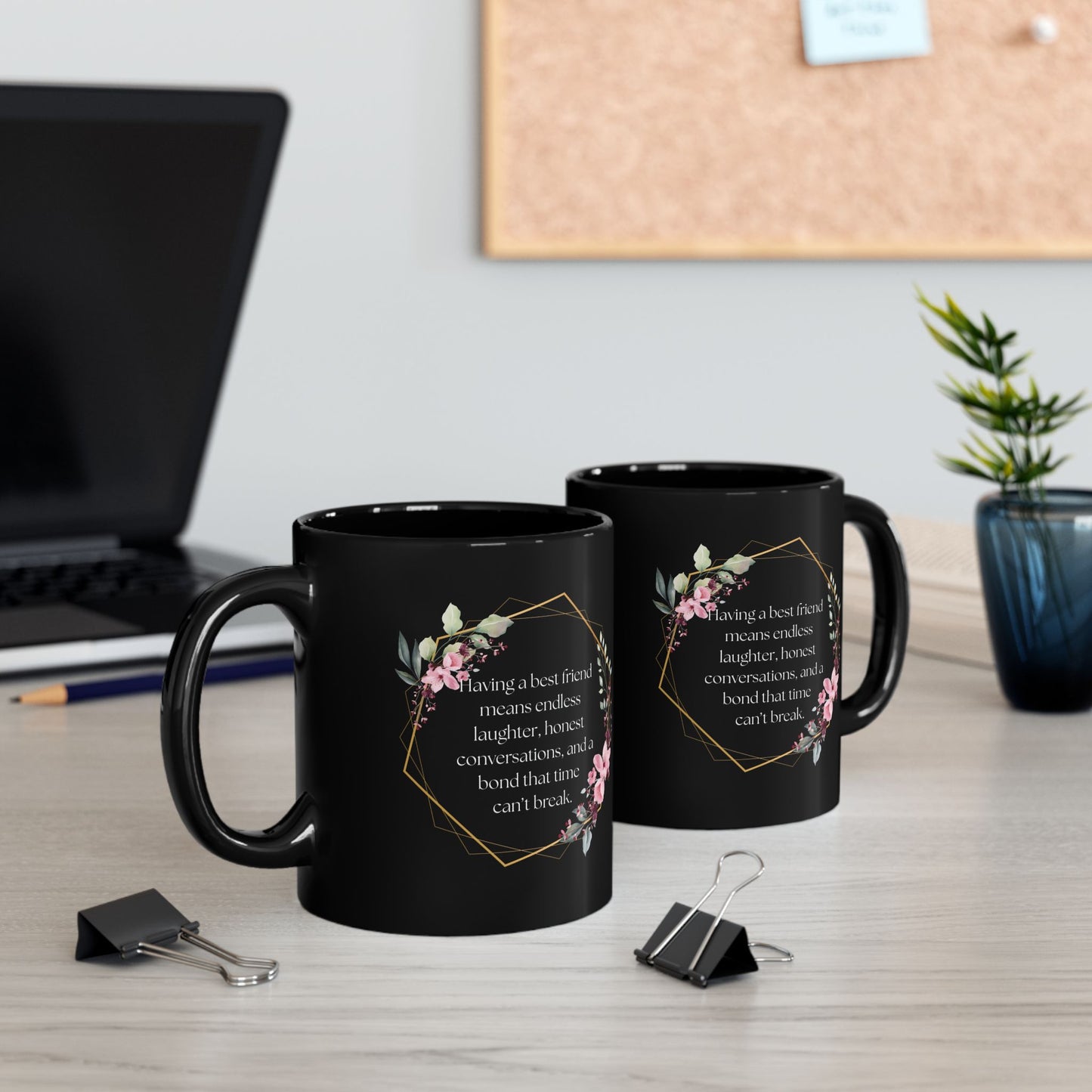 Best Friend Floral Black Mug - Inspirational Gift for Friends, Coffee Tea Lovers, Birthday, Friendship Celebrations, Motivational