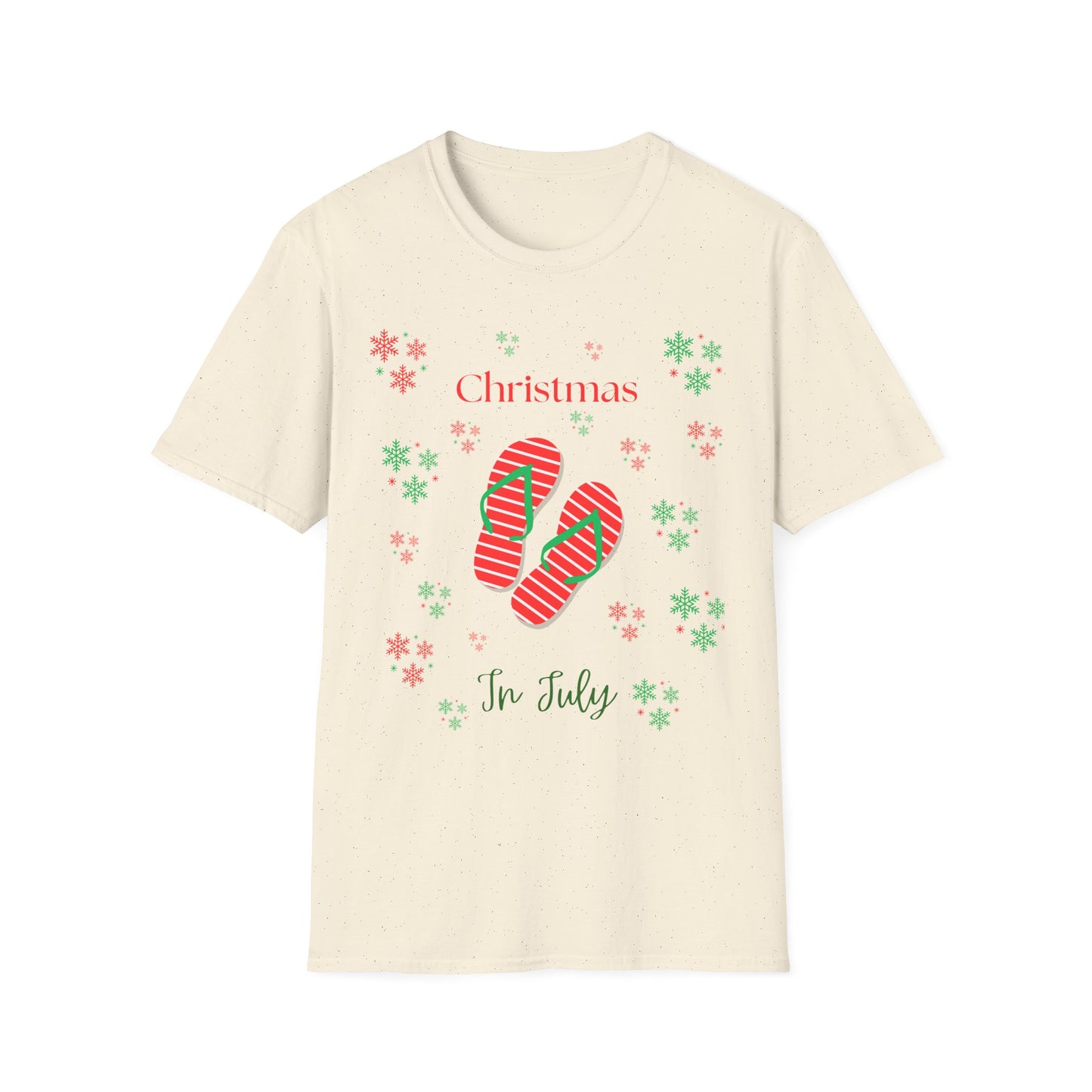 Christmas In July Softstyle T-Shirt, Holiday Apparel, Gift Idea, Summer Vibes, Casual Wear, Holiday Flip Flops