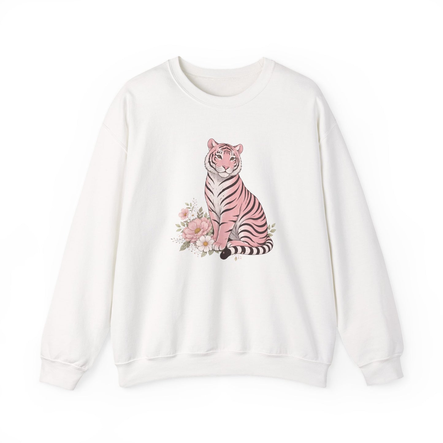 A cozy unisex sweatshirt featuring a pink tiger sitting among pastel flowers
