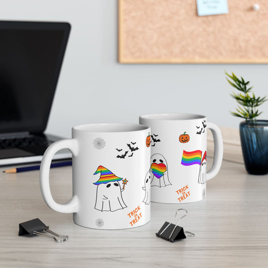 Pride Halloween Ghost Ceramic Mug, LGBTQ Coffee Mug, Rainbow Pride Tea Mug, 11oz, 15oz