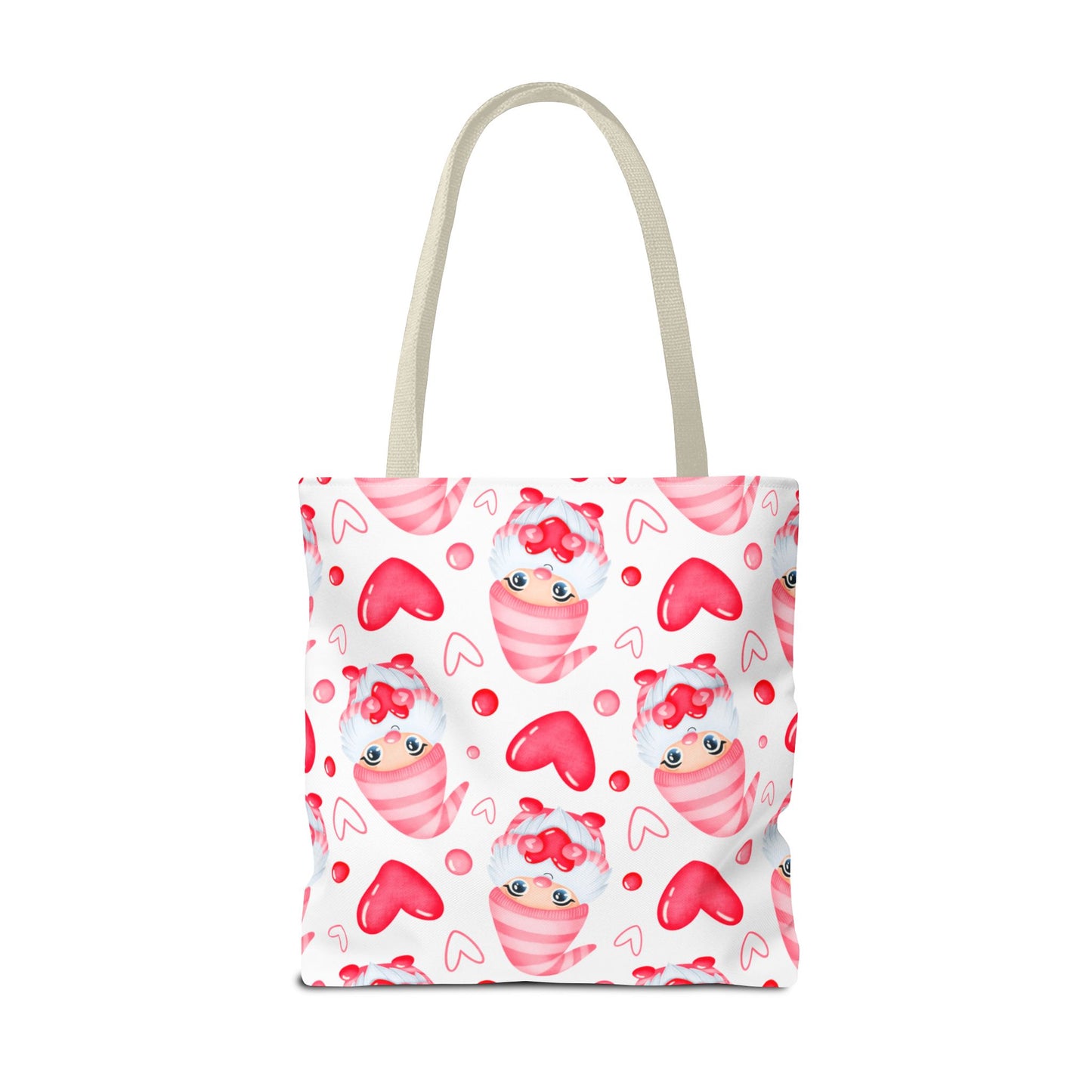Cute Pink Gnome Tote Bag, Reusable Heart Grocery Bag, Love Themed Purse, AOP Shopping Tote, Valentine's Gift Idea