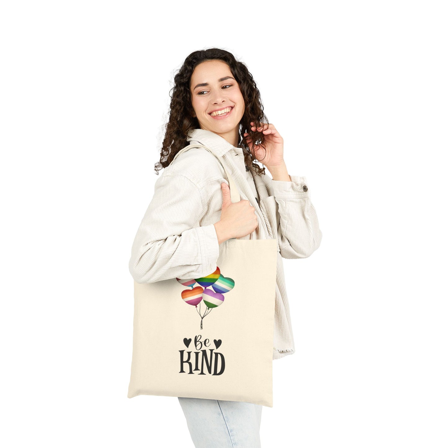 Rainbow Hearts "Be Kind" Cotton Canvas Tote Bag - Eco-Friendly Shopping, Pride, Everyday Use, Reusable Bags