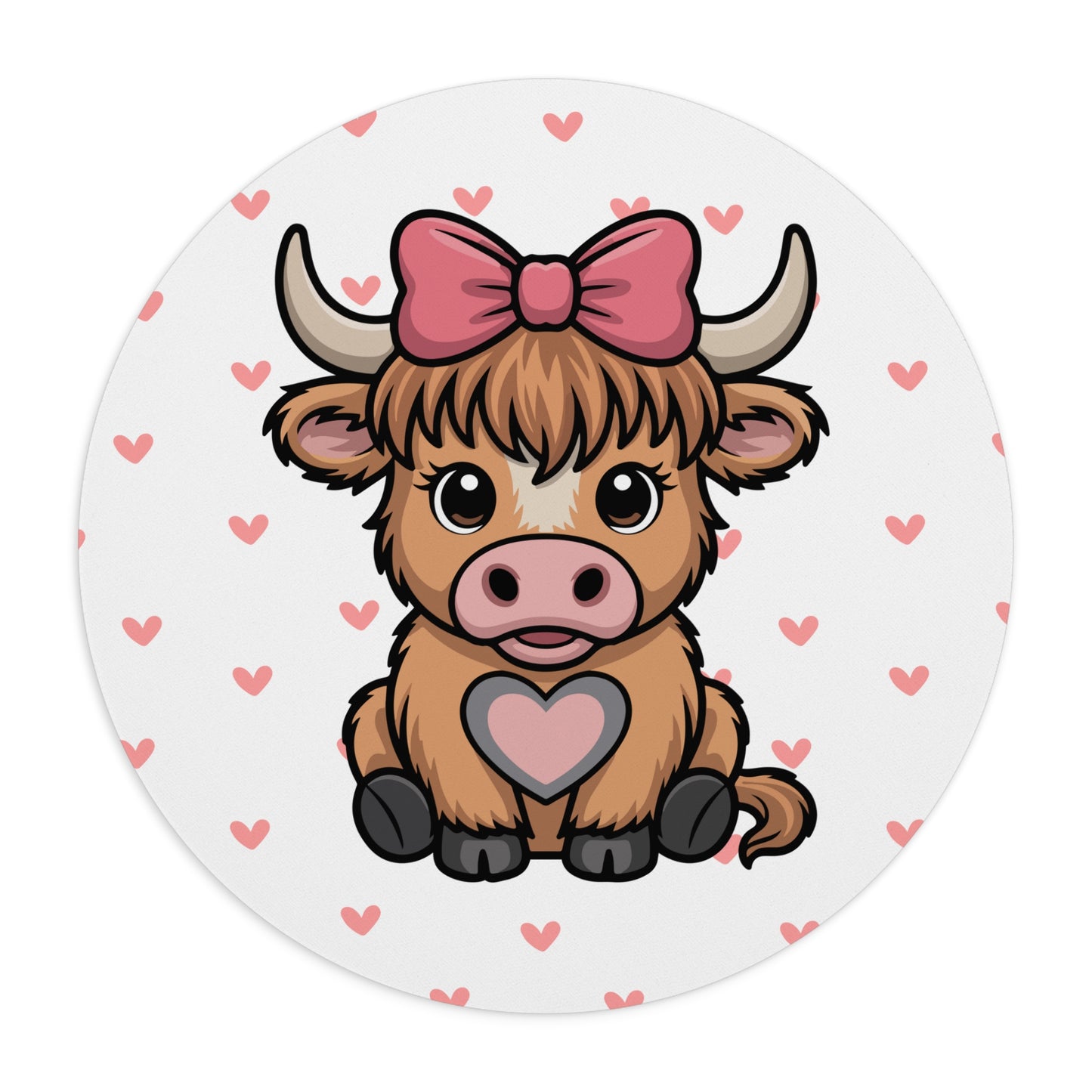 Cute Highland Cow Mouse Pad – Adorable Desk Accessory with Hearts & Bow Design