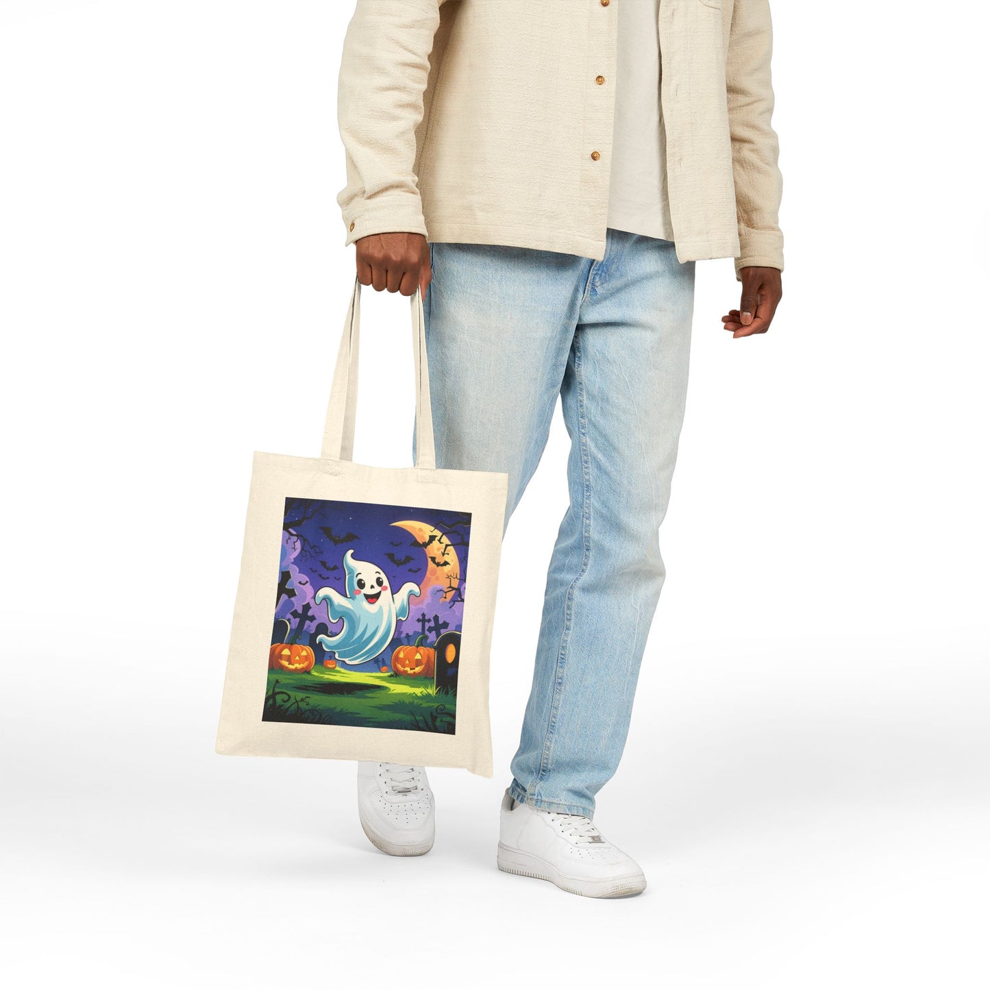 Cotton Canvas Tote Bag - Cute Cartoon Ghost Halloween Bag, Trick or Treat Bag, Halloween Party Bag, Halloween Gift, Halloween Costume