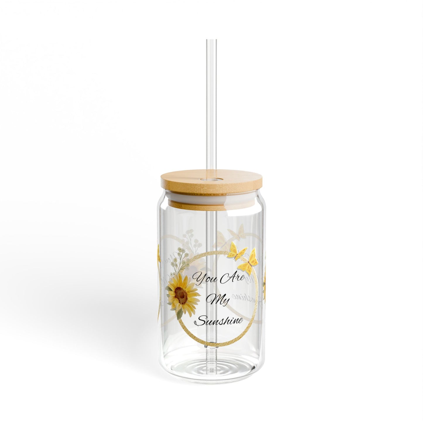 You Are My Sunshine Glass, 16oz Sunflower and Butterfly Sipper Cup with Bamboo Lid & Straw, Gift for Her, Summer Iced Coffee Glass