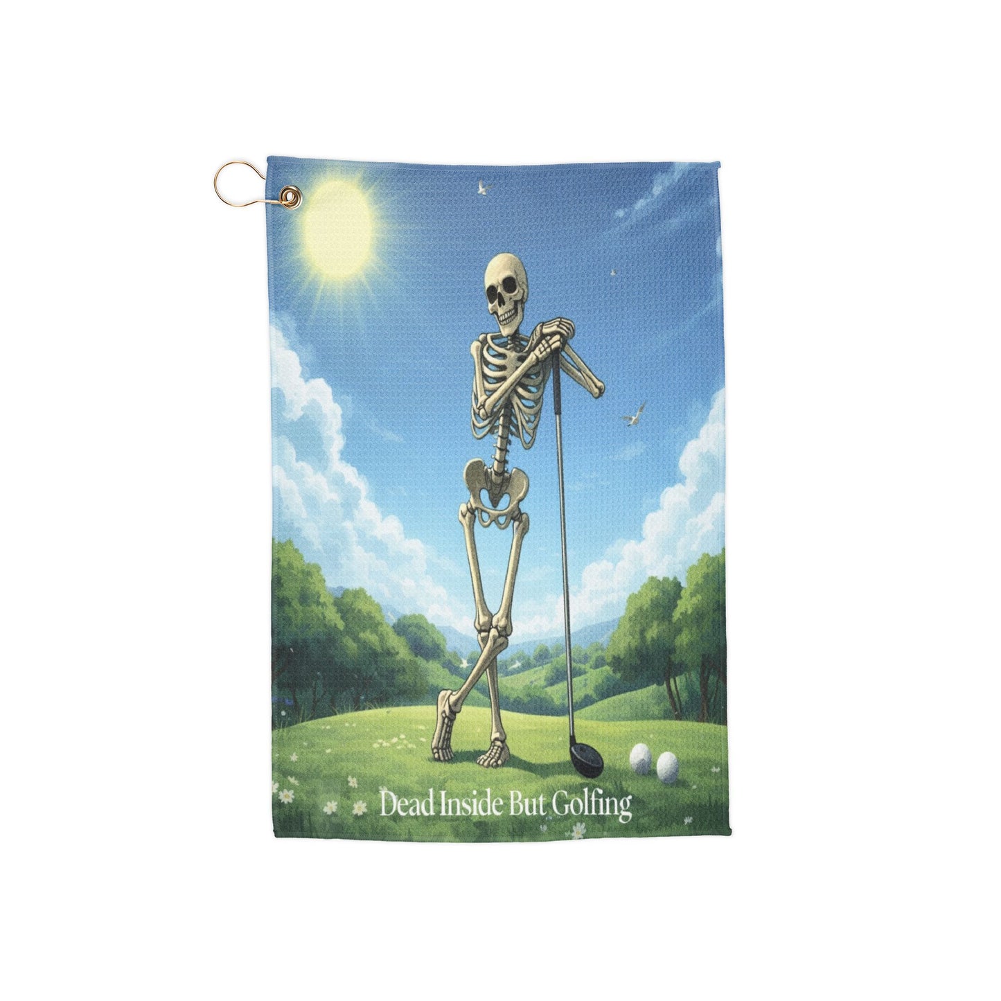 Skeleton golf towel featuring the phrase ‘Dead Inside But Golfing’ and a humorous skeleton golfer design.