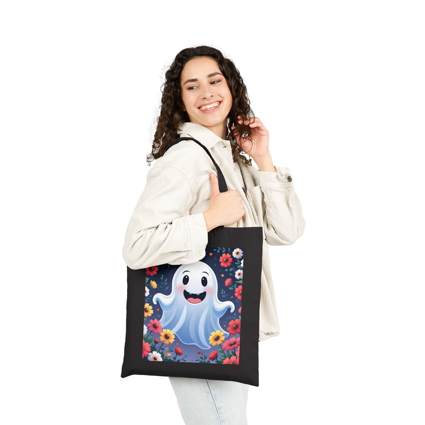 Floral Ghost Cotton Canvas Tote Bag, Eco-Friendly Shopping Tote, Halloween Gift, Beach Bag, Reusable Grocery Bag