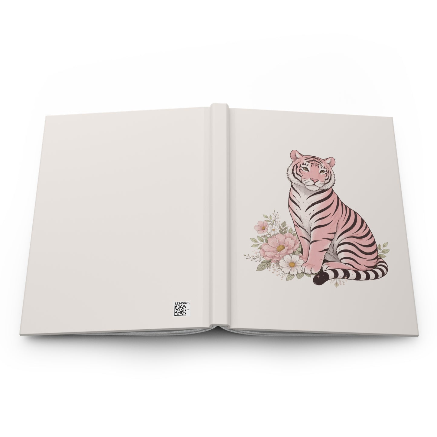 A soft, feminine hardcover journal featuring a pink tiger sitting among pastel flowers on a clean cream background