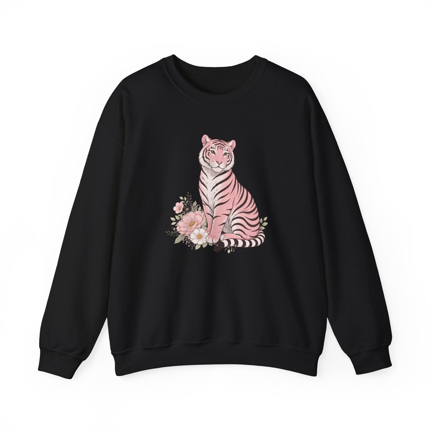 A cozy unisex sweatshirt featuring a pink tiger sitting among pastel flowers