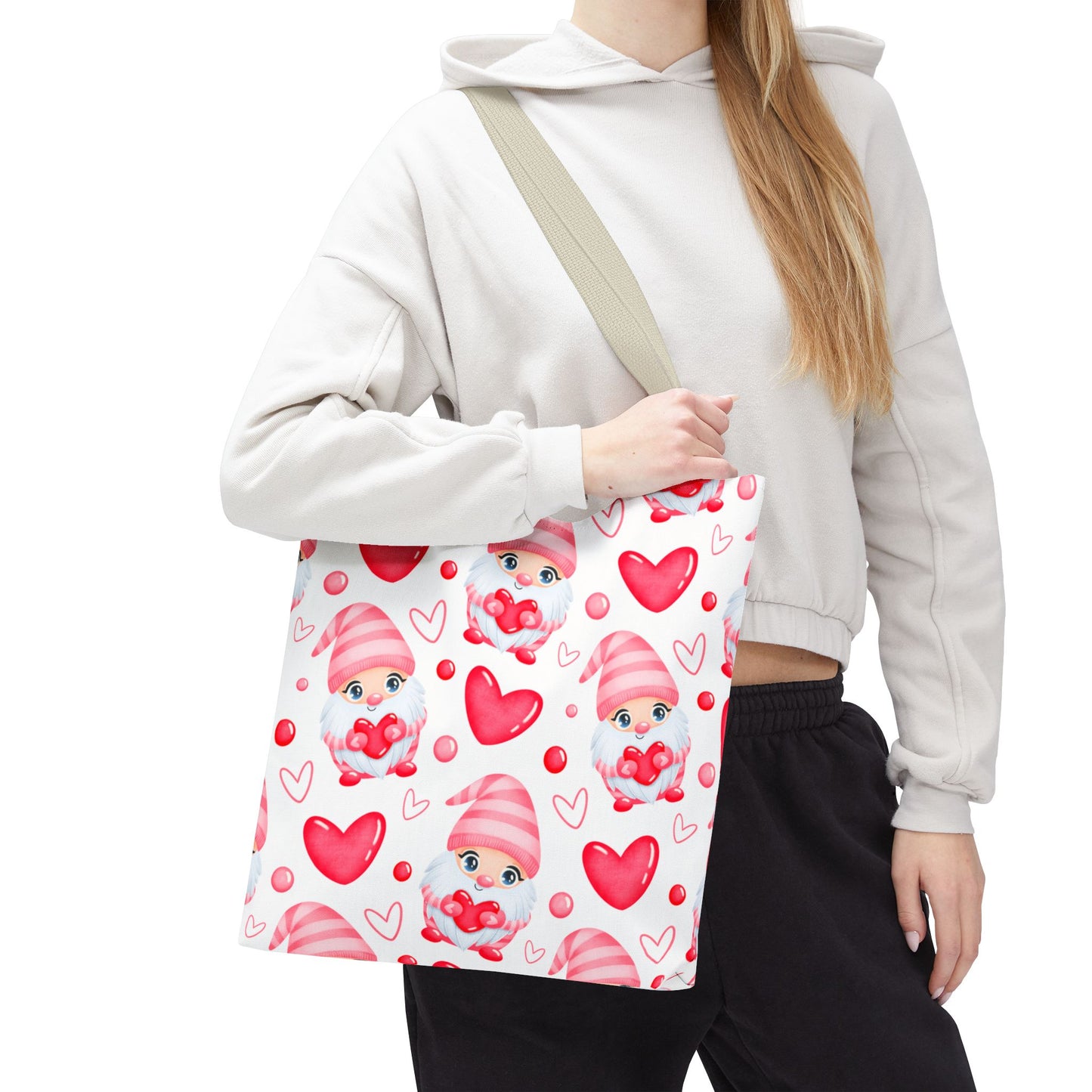Cute Pink Gnome Tote Bag, Reusable Heart Grocery Bag, Love Themed Purse, AOP Shopping Tote, Valentine's Gift Idea