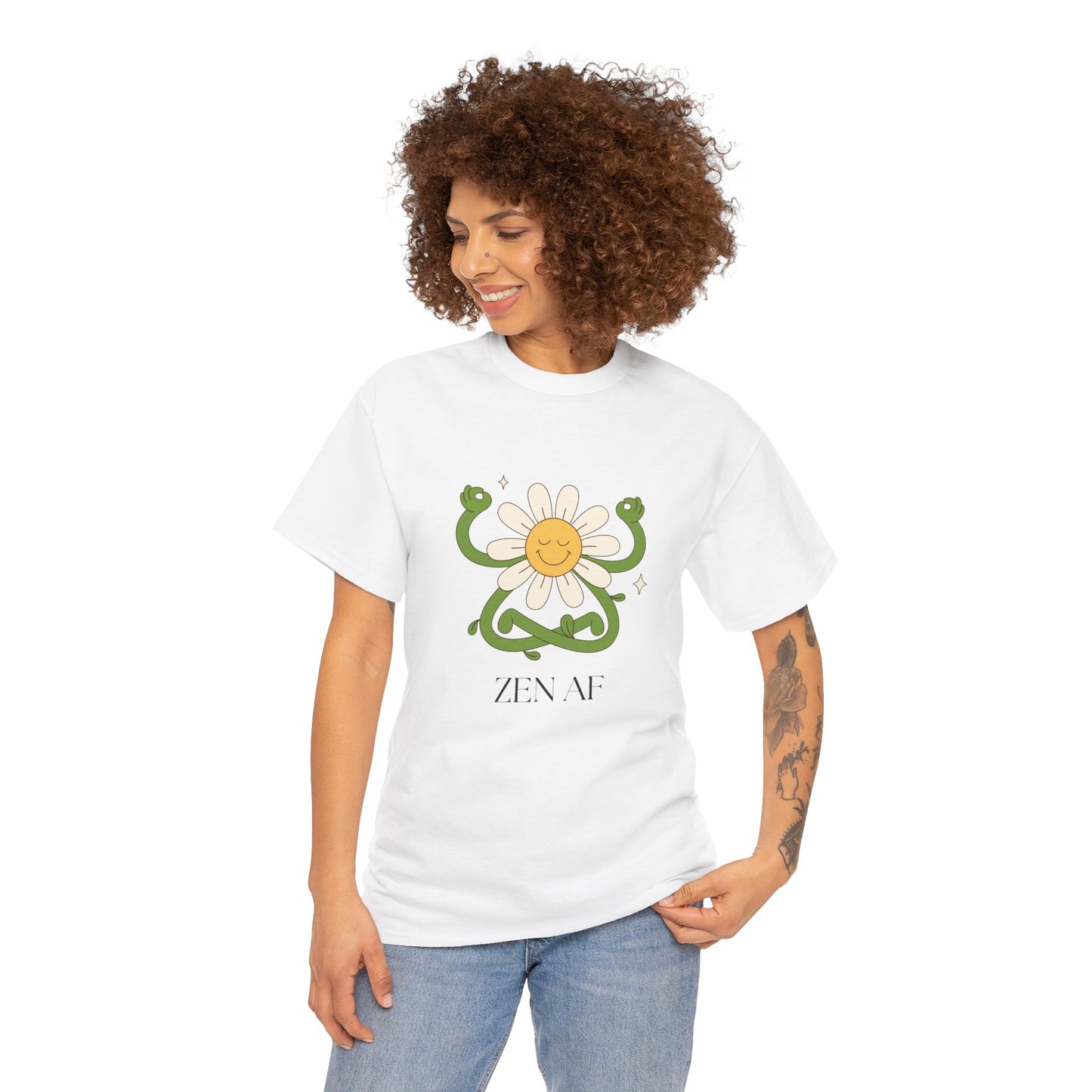 Zen AF Daisy Unisex Heavy Cotton Tee, Relaxed Fit Shirt, Positive Vibes Tee, Gift for Mindfulness, Casual Wear for Every Occasion
