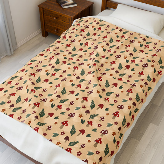 Mushroom Blanket, Plush Throw with Leaf Pattern, Cozy Woodland Cottagecore Blanket, Cute Fall Home Decor Gift