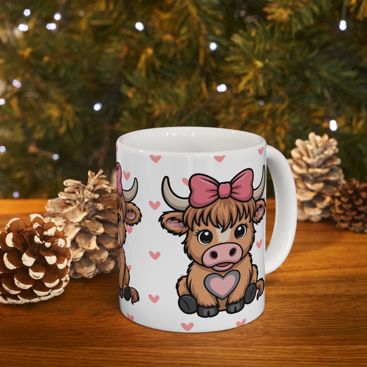 Cute Highland Cow Ceramic Mug – Adorable 11oz Coffee Cup with Hearts & Bow Design